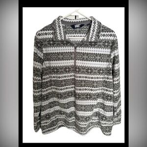 Lands' End Women’s Gray & White Fair Isle  1/4 Zip Fleece Sweater Size XL 18